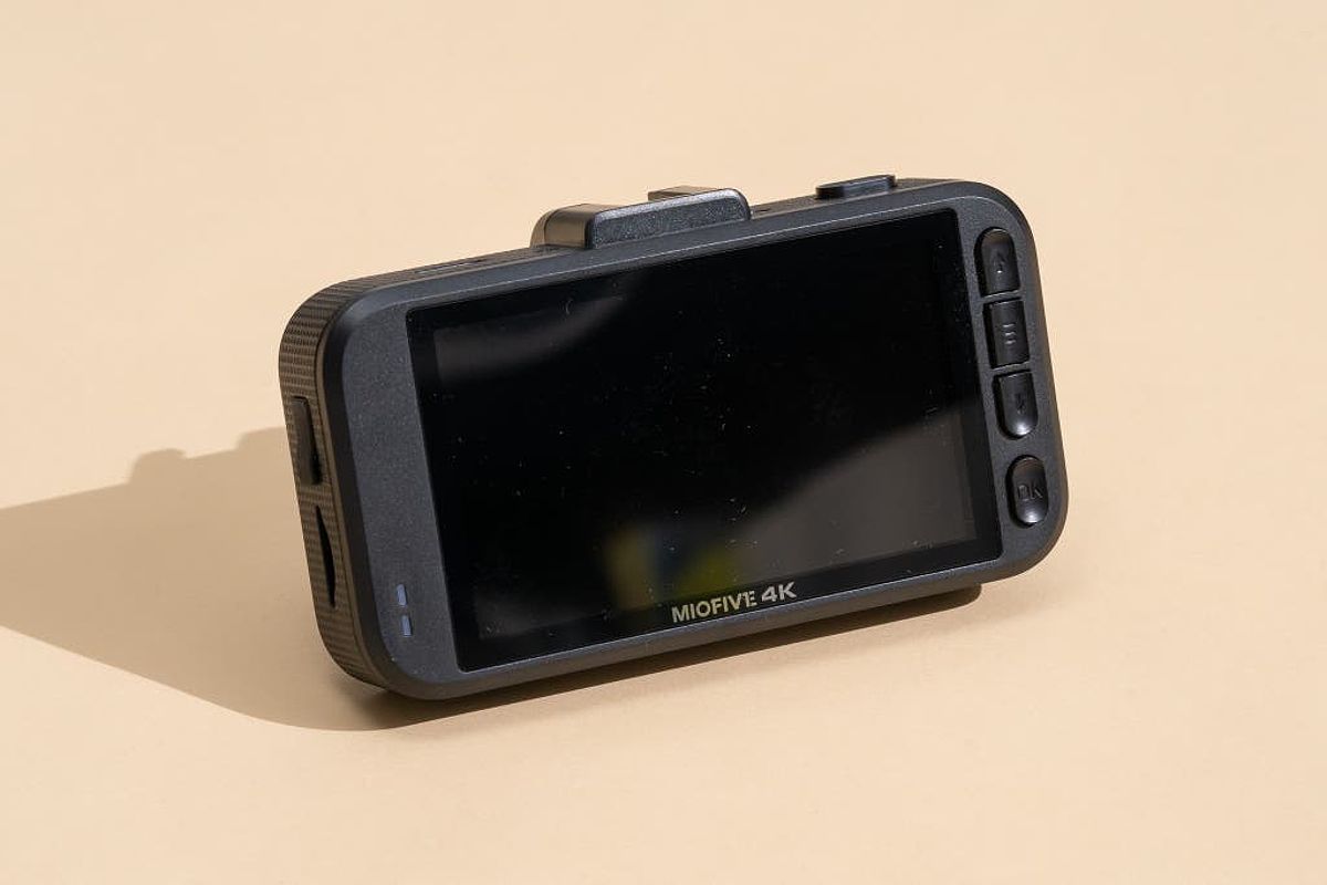 View of the back of the Miofive S1 dash cam, showing the large screen and buttons next to it